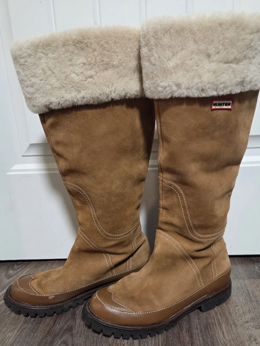 Hunter Suede Shearling Knew High Chunky Sole Boot